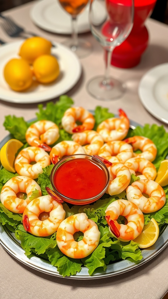 A retro shrimp cocktail appetizer served on lettuce with cocktail sauce and lemon wedges.